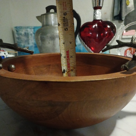 Rustic  Pewter Stag Head Handles Wooden Salad Bowl Western Hunting decor - Picture 5 of 15